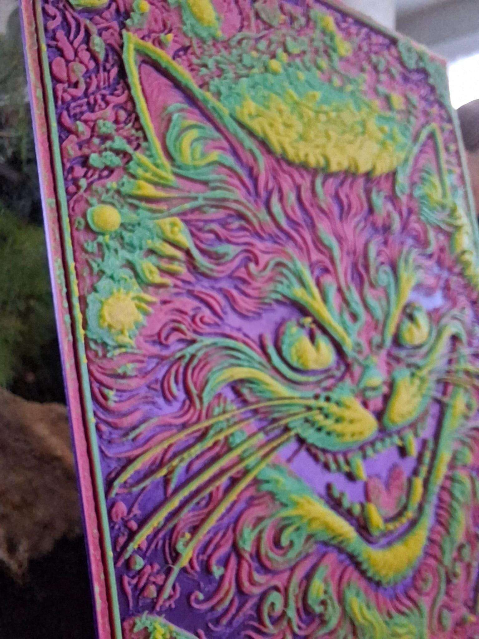 Tableau Chat Psychédélique Imprimé en 3D – Déco Murale Colorée en Relief – Pièce Unique Artisanale