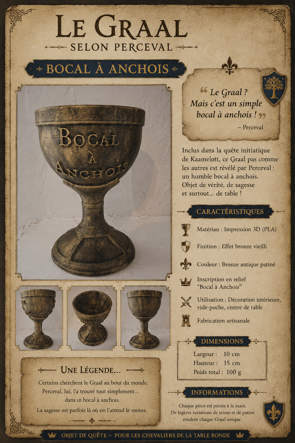 Bocal à Anchois – Graal de Perceval Réplique Kaamelott en impression 3D peinte à la main