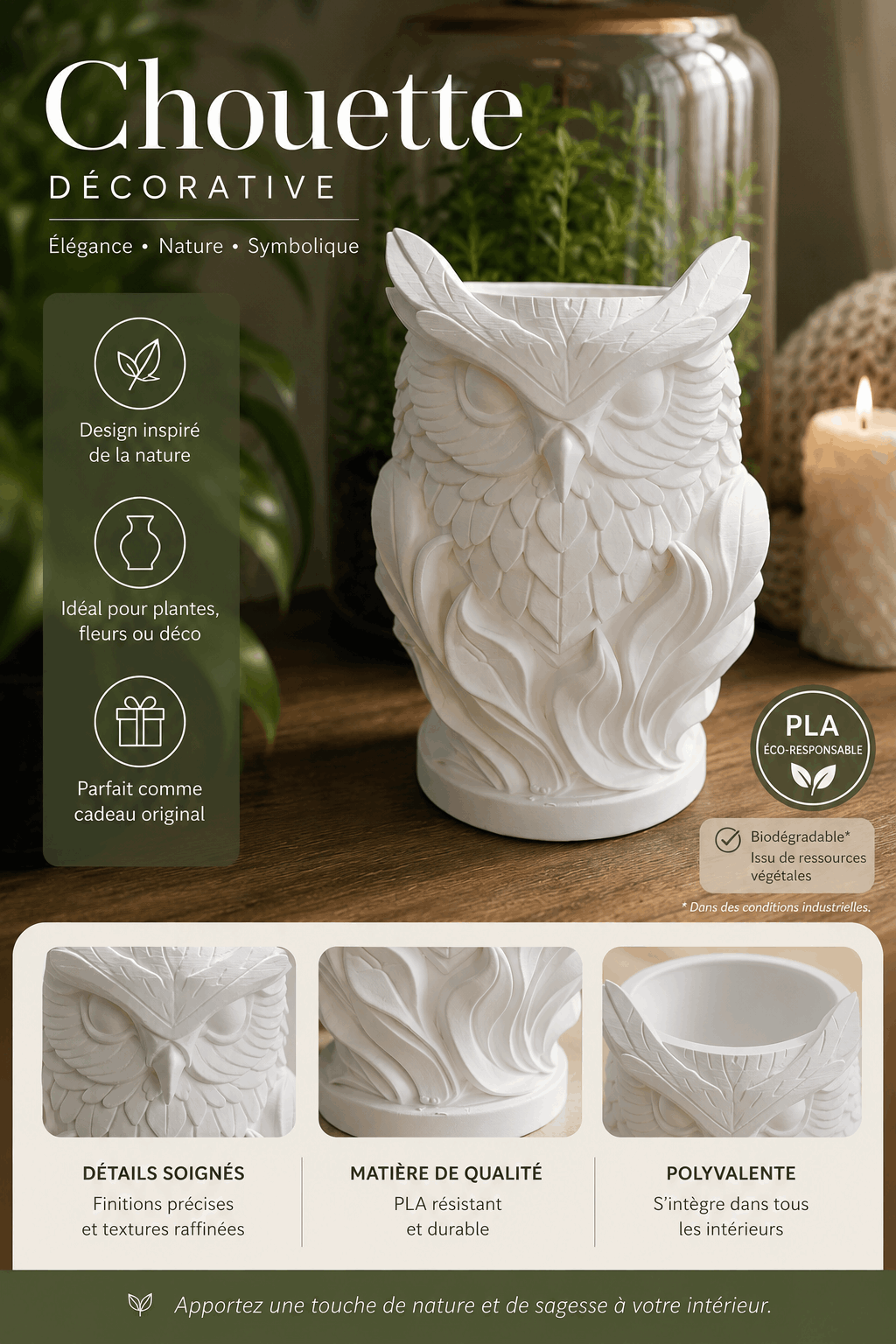 Cache Pot Chouette-hibou Design en Impression 3D – Décoration Nature Élégante