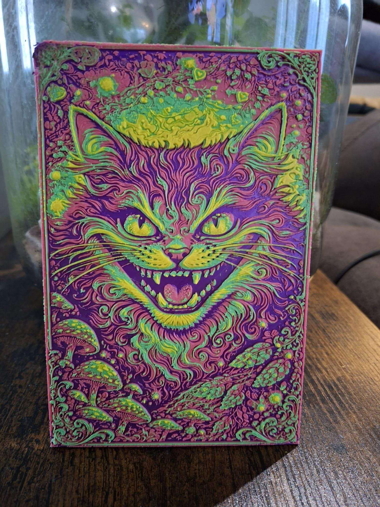 Tableau Chat Psychédélique Imprimé en 3D – Déco Murale Colorée en Relief – Pièce Unique Artisanale