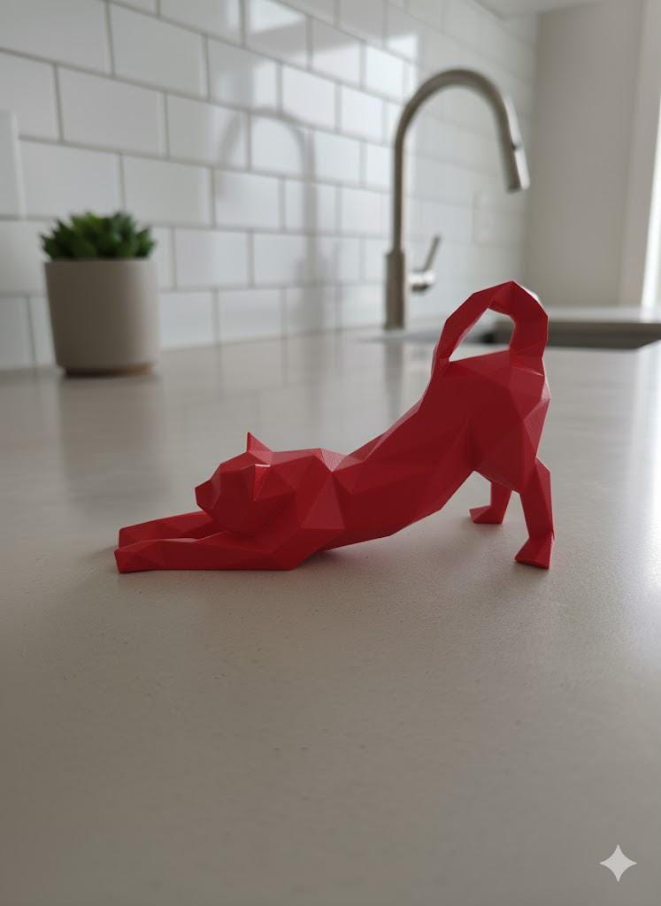 Statue Chat qui S'Étire 3D - Sculpture Low Poly